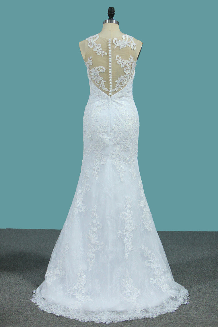 2024 Mermaid  Wedding Dresses Tulle Scoop With AppliqueCourt Train Detachable