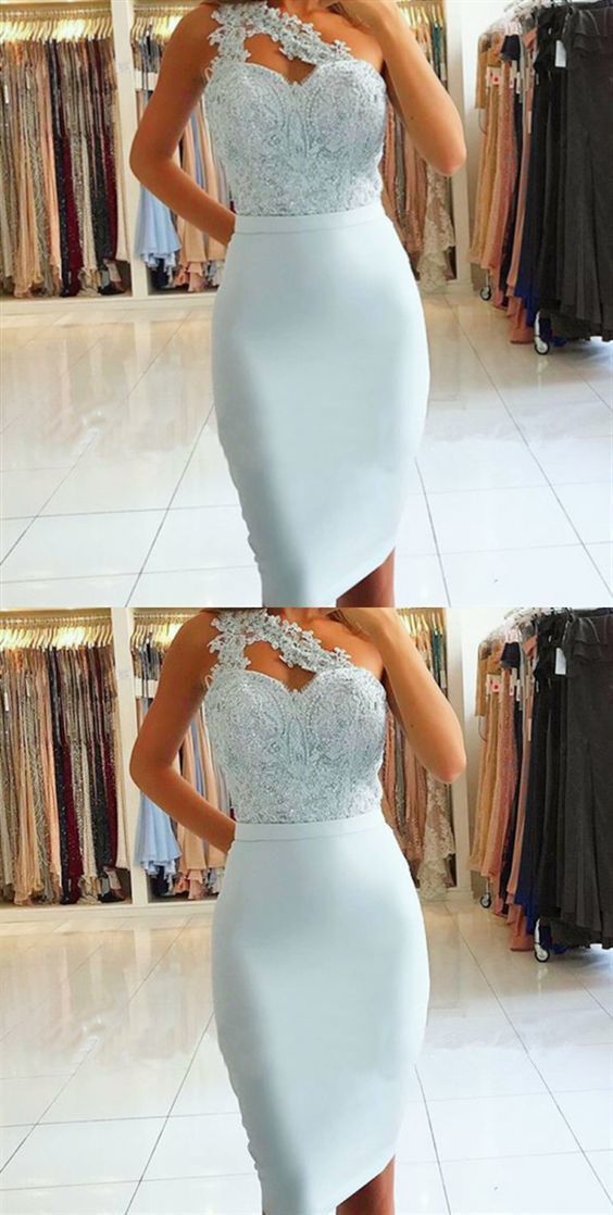 Sheath One Shoulder Light Blue Homecoming Dresses Cierra Lace Knee-Length With Beading HC374