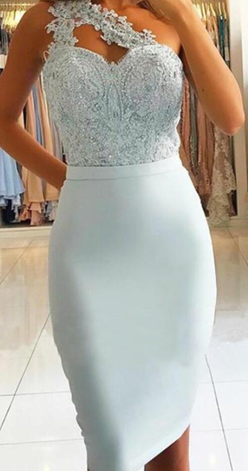 Sheath One Shoulder Light Blue Homecoming Dresses Cierra Lace Knee-Length With Beading HC374