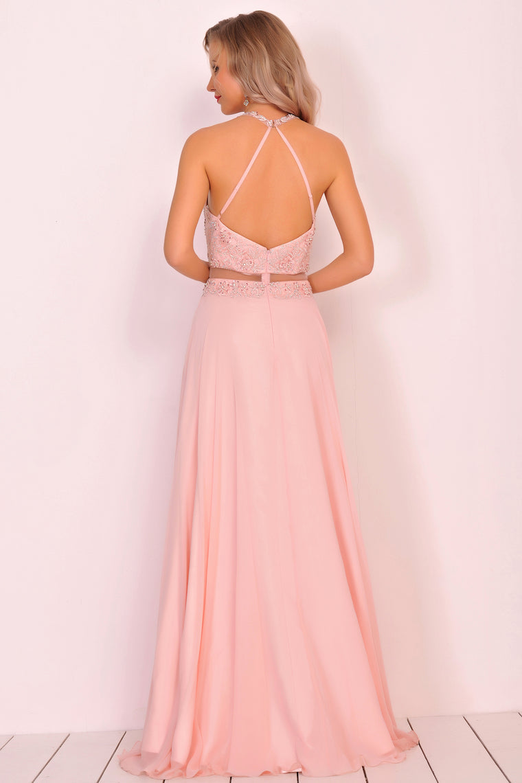 2024 Chiffon Halter Open Back Prom Dresses With Beads And Embroidery A Line