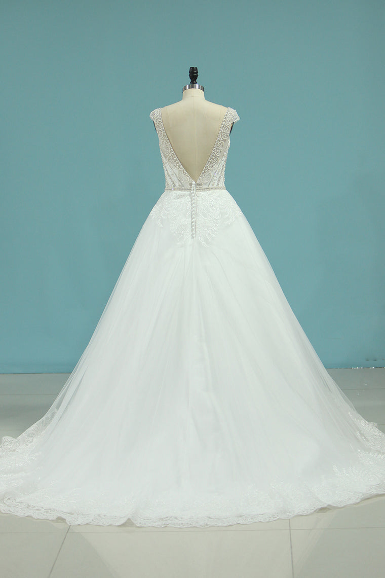 2024 A Line Open Back V Neck Wedding Dresses Tulle With Applique And Beading Chapel Train