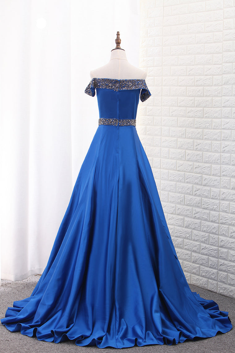 2024 A Line Prom Dresses Boat Neck Satin With Beads Sweep Train