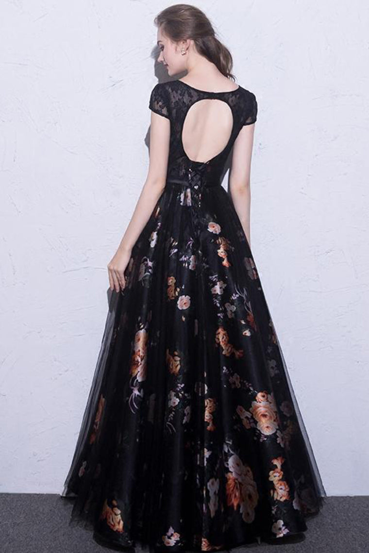 2024 Black Prom Dresses Scoop A-Line Floral Print Sexy Long Lace Prom Dress