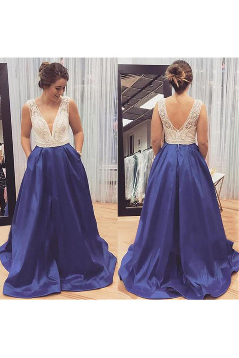 2024 A Line V Neck Prom Dresses Satin With Beading Sweep Train Zipper Up