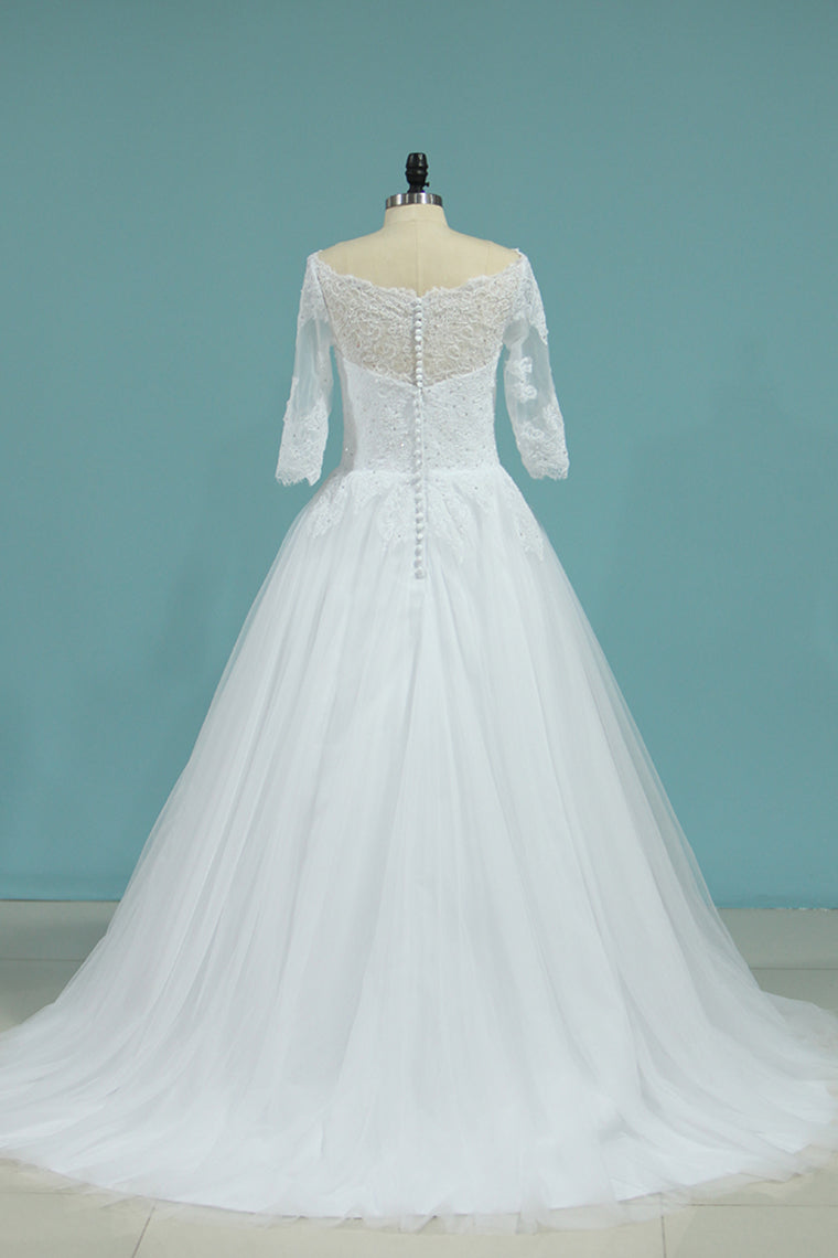 2024 Mid-Length Sleeves Baot Neck Wedding Dresses A Line With Applique