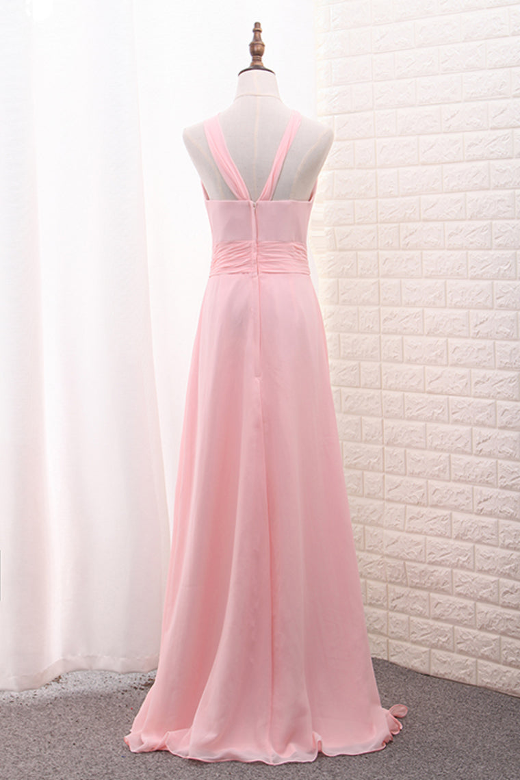 2024 Chiffon Bridesmaid Dresses Scoop A Line Floor Length With Ruffles And Slit