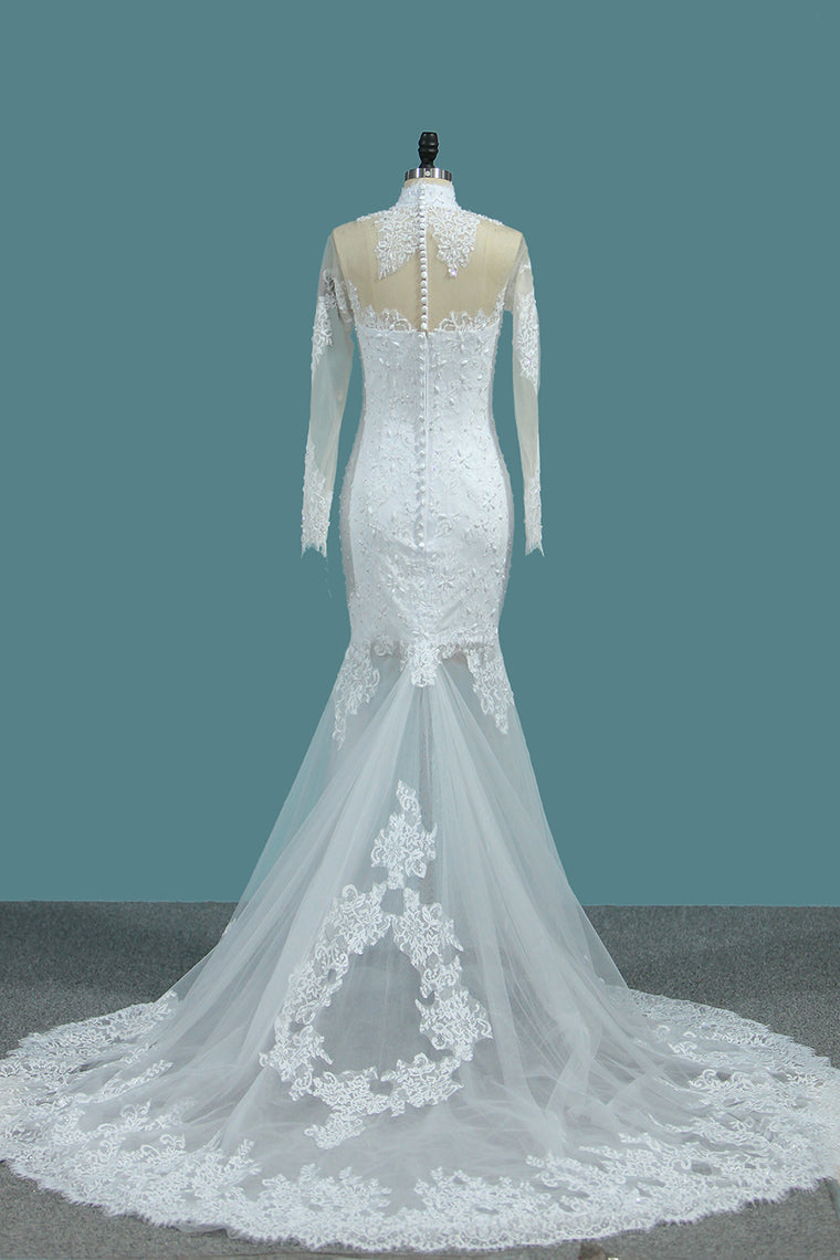 2024 Mermaid Wedding Dresses High Neck Long Sleeves Tulle With Applique And Beads