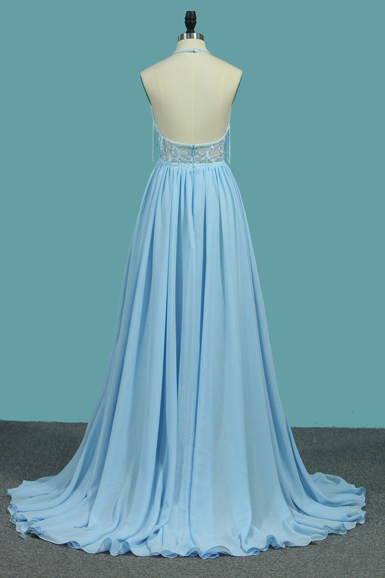 2024 A Line Chiffon Halter Prom Dresses With Applique And Slit Sweep Train